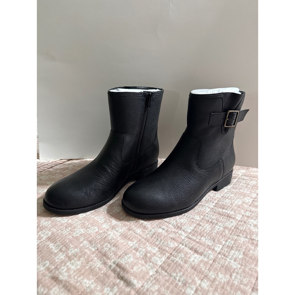 Vionic Womens Jill Black Pebbled Leather Ankle Boots Buckle Zip Lug Sole 7 Wide - Picture 3 of 6
